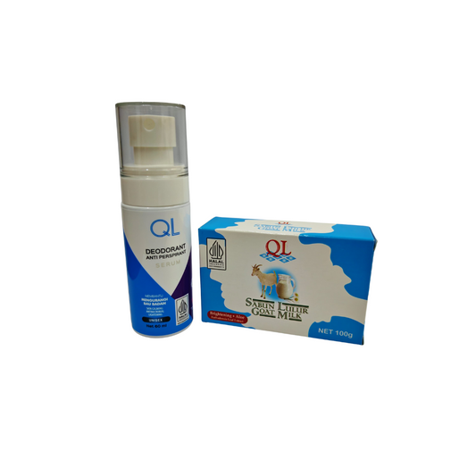 Pakej Fresh Couple - 2 Set QL Sabun Lulur Goats Milk 100gm dengan QL Deodorant Serum | Halal Indonesia