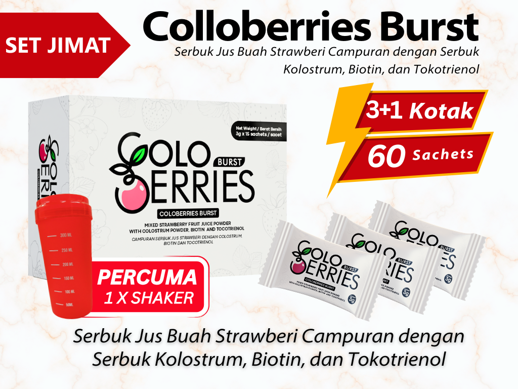 Coloberies Burst - Campuran Jus Strawberi dengan Colostrum, Biotin dan Tocotrienol  [3 + 1 box / 60 sachets]