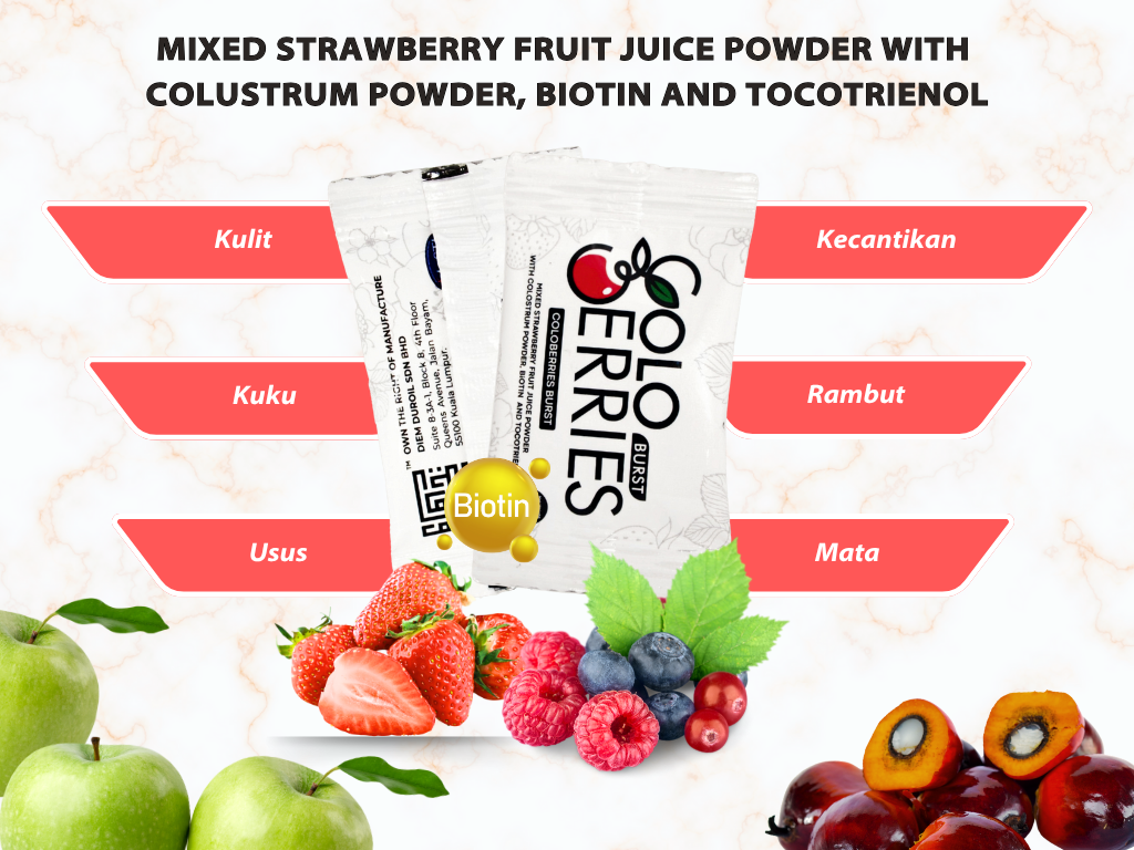 Coloberies Burst - Campuran Jus Strawberi dengan Colostrum, Biotin dan Tocotrienol  [3 + 1 box / 60 sachets]
