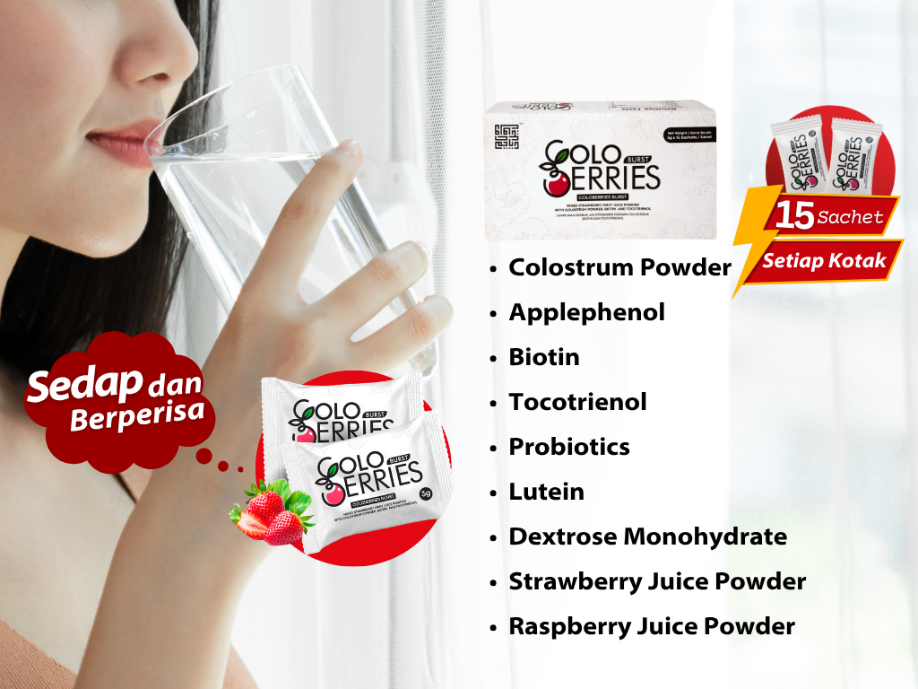 Coloberies Burst - Campuran Jus Strawberi dengan Colostrum, Biotin dan Tocotrienol  [3 + 1 box / 60 sachets]